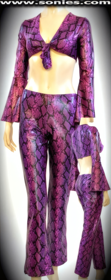 Vayamos a Bailar La Rumba in this Python Foil Print Stretch Lycra Three Piece Set. Luscious Bell Sleeve Tie Front Crop Top with Complementing Hip Hugger Pull-On Pants and Slightly Flared Legs Detail Finish. Complete with Matching Lined Thong Back Panty (15% Lycra, 85% Nylon).     STYLE: 975-055PY