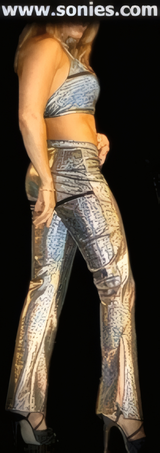 Shake That Money Maker Two Piece Spandex Hologram Set. Adjustable Velcro Neck Close Halter Top with Snap Back, Key Hole Front and Detailed Horizontal Contrasting Liquid Lam� Stripe for an Added Eye-Catching Look. Complementing Pull-On Hip Hugger V-Front Boot Cut Pants with Under Cheeks Horizontal Contrasting Liquid Lam� Stripe and Sexy Calf High Side Slits.   STYLE: 975-100SC