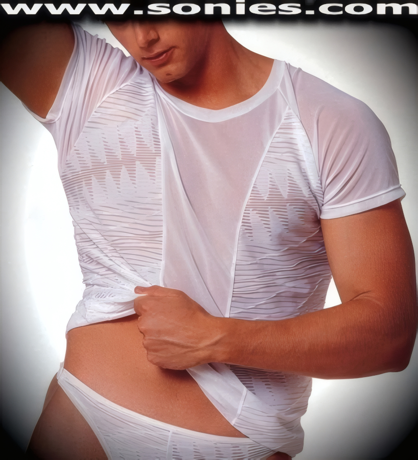 Men's Chryse�s Sheer Eye-Captivating Pattern Design with Stretch Fine Mesh Lycra Sculpted Short Sleeved Dance Wear Crewneck Tee (15% Lycra, 85% Nylon).   Style: 9821