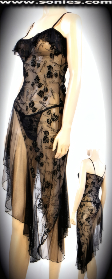 Sensationally seductive in this marvelously oh-so sheer ladies Asino stretch mesh gown with embossed maple leafs and eye-catching glitter accenting. Gown has soft elasticized shoulder spaghetti straps to ensure a great fit, ruffled neckline, asymmetrical hem and Asino handwritten font embossing detail finish. Matching sheer thong back panty with soft elasticized waistband to ensure a great fit included (Lycra/Nylon). May be worn with stiletto heel shoes to create a phenomenal look. This style is perfect for stage, bedroom performance, life style events, monthly play parties, fetish events, adult alternative lifestyle gatherings, bachelor parties, club wear, nightclubs, dance clubs and gentleman's clubs.   Style: Asino1