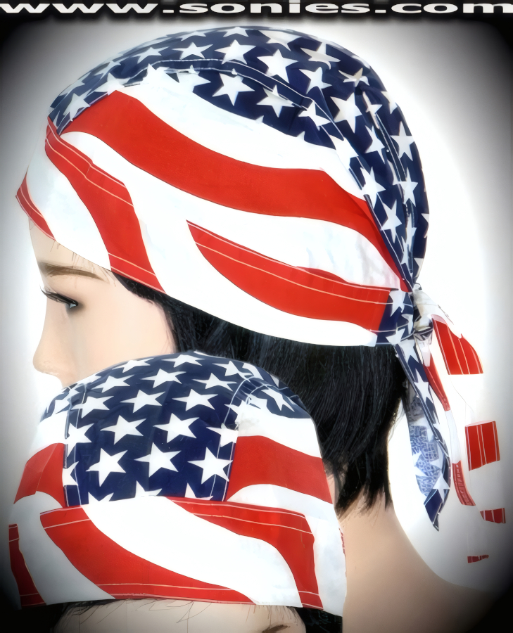 Be the center of attention in this sleek unisex biker skullcap with terrific Patriotic American Flag print detail finish. Features a tail on the back that allows it to slide easily onto the wearer's head and tie back straps at the base of the neck to ensure a great fit (100% Cotton). Ideal for use under helmets. Great for security personnel, snowboarders, motorcycle enthusiasts, and construction workers, just to name a few assemblage of persons that can benefit from this product. Helps protect against bugs, dirt, dust, wind and sun damage. Hand wash separately, drip dry. Do not bleach.   Style: BANDANA-A