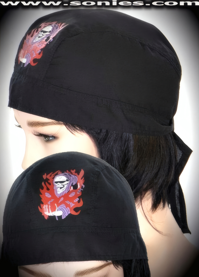 Demand some attention in this unisex biker skullcap with marvelous screen printed fire purple hooded rebel skeleton front detail finish. Features a tail on the back that allows it to slide easily onto the wearer's head and tie back straps at the base of the neck to ensure a great fit (100% Cotton). Ideal for use under helmets. Great for security personnel, snowboarders, motorcycle enthusiasts, and construction workers, just to name a few assemblage of persons that can benefit from this product. Helps protect against bugs, dirt, dust, wind and sun damage. Hand wash separately, drip dry. Do not bleach.   Style: BANDANA-C