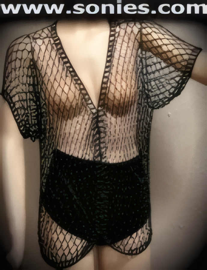 Bold elegance in this Remus shameless hand crocheted short sleeved top with low plunge neckline, small shimmering beading throughout plus six delicately covered front buttons closure for off and on ease detail finish. It pairs beautifully with any number of risqu� bottoms such as skirts, hot pants, thongs or G-Strings. May be worn with stiletto heel shoes or boots to create a phenomenal look. This style is perfect for stage, life style events, pride week, monthly play parties, fetish events, adult alternative lifestyle gatherings, bachelor parties, club wear, nightclubs, dance clubs and gentleman's clubs.   Style: BWT003