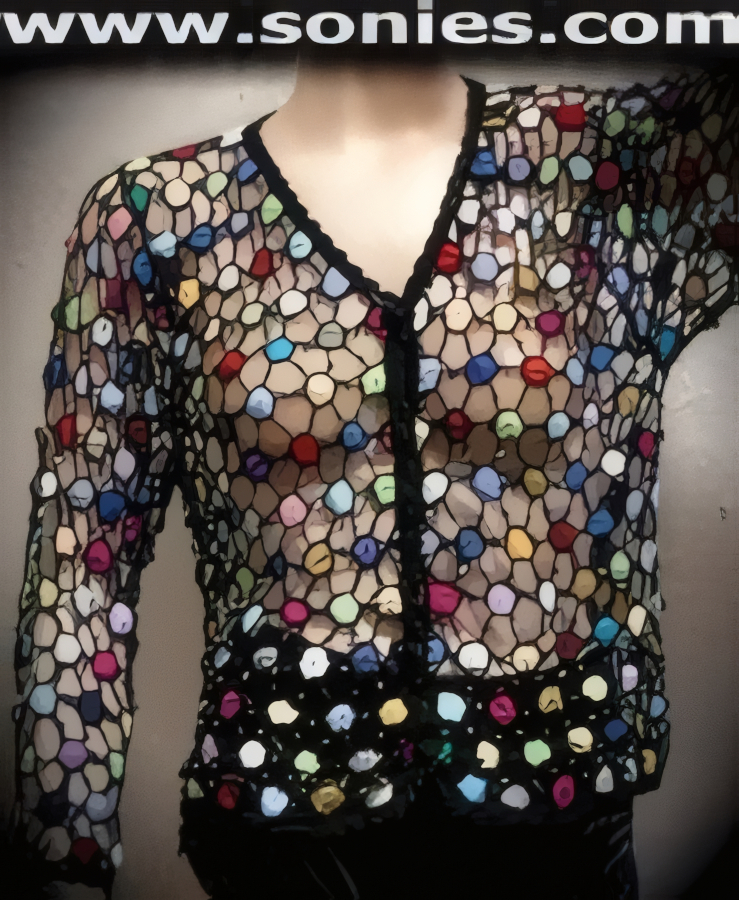 Audaciously sexy in this daring yet very elegant hand crocheted multi color openwork long sleeve top. Stylish shimmer beading throughout plus five delicately covered front buttons closure for off and on ease detail finish. It pairs beautifully with any number of risqu� bottoms such as skirts, hot pants, thongs or G-Strings. May be worn with stiletto heel shoes or boots to create a phenomenal look. This style is perfect for stage, life style events, pride week, monthly play parties, fetish events, adult alternative lifestyle gatherings, bachelor parties, club wear, nightclubs, dance clubs and gentleman's clubs.   Style: BWT009