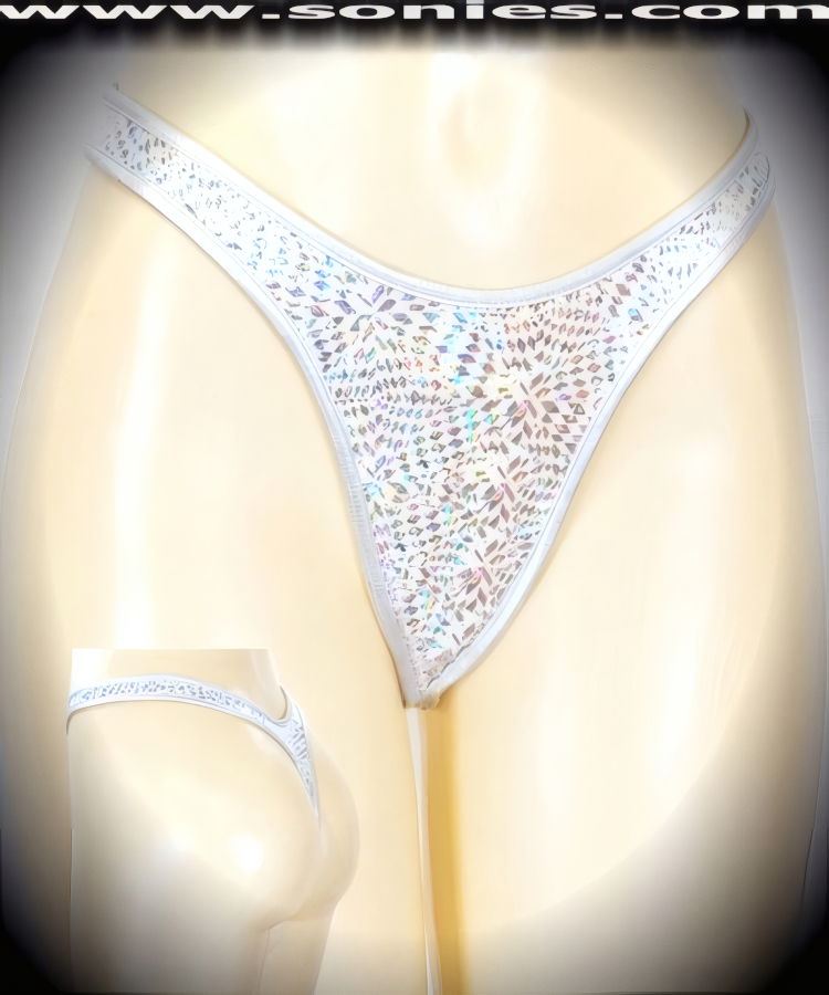 Make Your Audience Quake when you Step-Out Wearing this Fabulous Scoop Front Highline Silver Glitter Stretch Hologram Lycra Dance Wear Bottom with Unlined Crotch and Thong Back Detail Finish (15% Lycra, 85% Nylon).   Style: CLS-383B