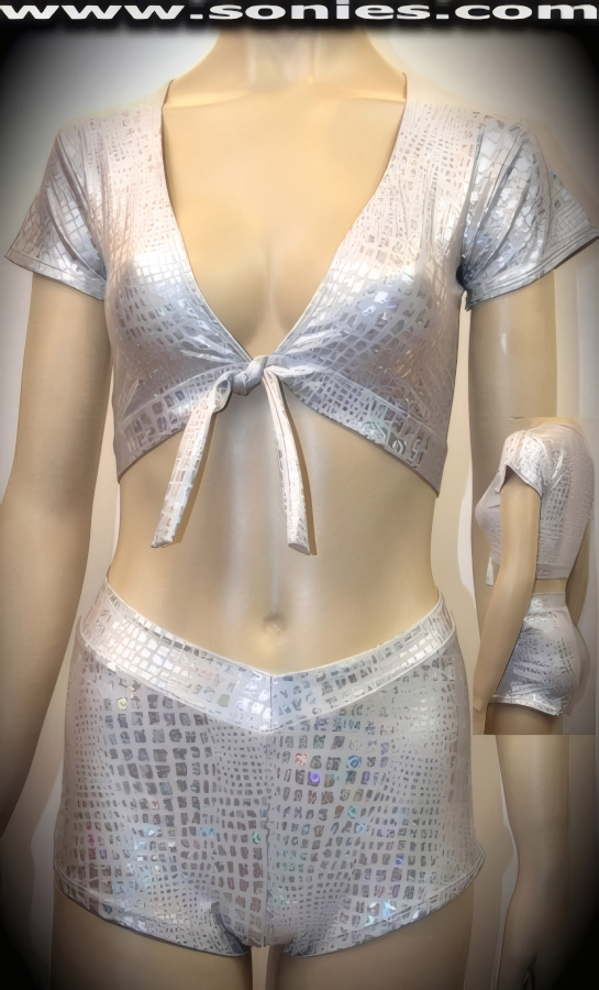 Enclose yourself in this magnificent Gongga Shan two piece crocodile silver stretch foil Lycra set. Seductive short sleeve crop top with tie front closure for off and on ease plus to ensure a great fit. Complete with matching curve hugging cheeky V-front pull-on hot pants (15% Lycra, 85% Nylon). It pairs beautifully with any number of risqu� gloves. May be worn with stiletto heel shoes or boots to create a phenomenal look. This style is perfect for stage, life style events, pride week, monthly play parties, fetish events, adult alternative lifestyle gatherings, bachelor parties, club wear, nightclubs, dance clubs and gentleman's clubs.   Style: CLS-901B