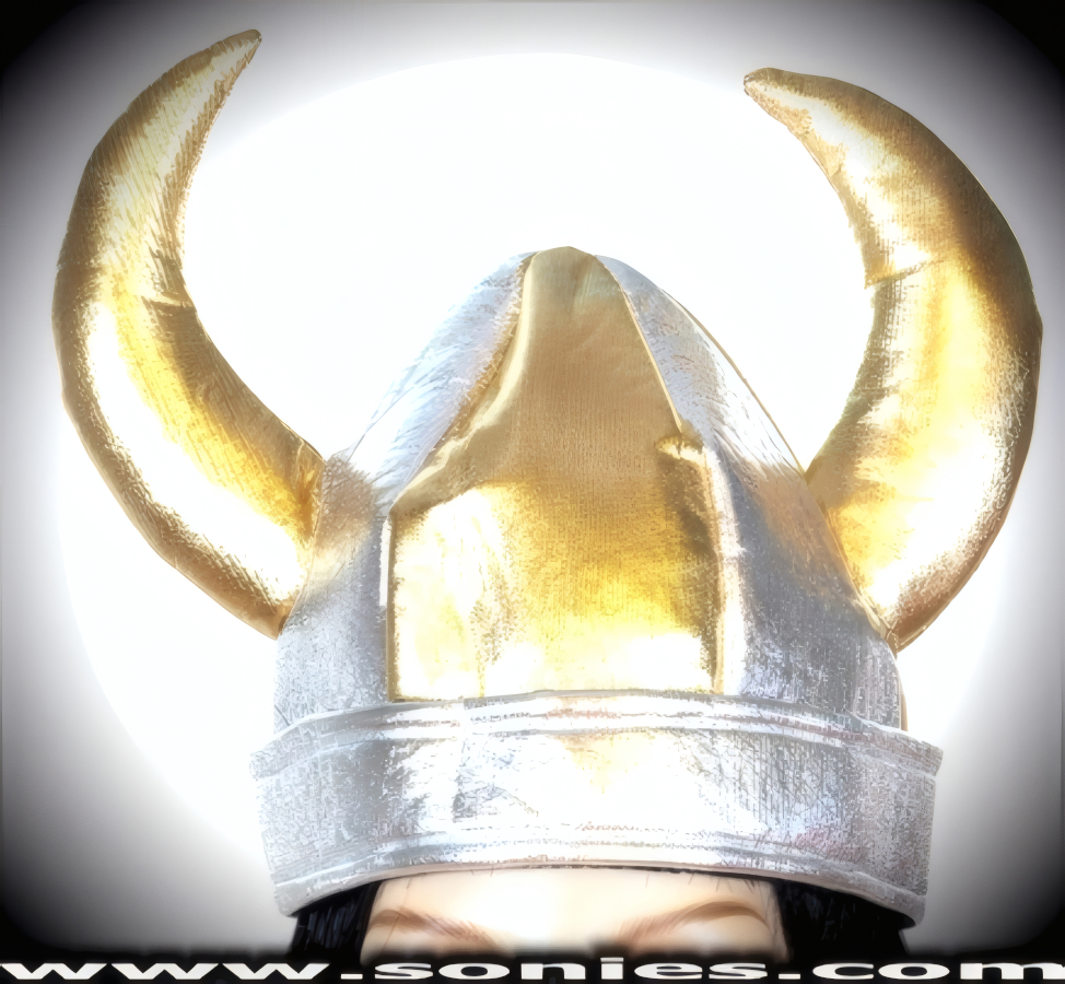 Exploit the riches of the East and Explore the uncharted waters of the North Atlantic Wearing this Extraordinary Unisex Viking Hat made in Silver and Gold Metallic Paneled Lam�. A must have costume accessory for any street carnival, stage performance costume or theatrical production.   Style: DVIKING