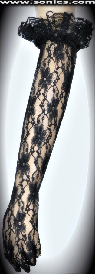 Tease him mercifully wearing these fabulous Protectress European styled floral lace above-the-elbow length gloves with ruffled lace. It pairs beautifully with any number of vestures. This style is perfect for formal, bridal, prom, d�butante, Opera Ball, plus for professional entertainers such as can-can dancers and burlesque performers (particularly to perform a gown-and-glove dance).   Style: FLG-172
