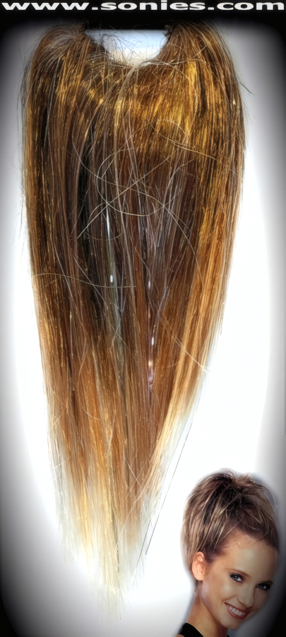 Ready-To-Wear Synthetic Hairpieces. Just Pop It On and Go. Thick Rich Highlighted Hair Strands that are woven within a Circular Elastic plus Eye-Captivating Shiny Strands for Ultimate Effect. Adds Volume at the Crown, Great for Half Ponytails and a Perfect Addition to any Hairstyle. Its hair as an accessory that is ready when you are. Wear 2 together for an Unbelievably Funky fuller look.   Style: FUNKY-HA1A