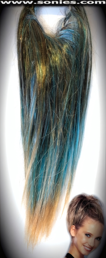 Ready-To-Wear Synthetic Hairpieces. Just Pop It On and Go. Thick Rich Highlighted Hair Strands that are woven within a Circular Elastic plus Eye-Captivating Shiny Strands for Ultimate Effect. Adds Volume at the Crown, Great for Half Ponytails and a Perfect Addition to any Hairstyle. Its hair as an accessory that is ready when you are. Wear 2 together for an Unbelievably Funky fuller look.   Style: FUNKY-HA1C
