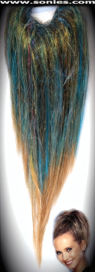 Ready-To-Wear Synthetic Hairpieces. Just Pop It On and Go. Thick Rich Highlighted Hair Strands that are woven within a Circular Elastic plus Shiny Purple Strands for Ultimate Effect. Adds Volume at the Crown, Great for Half Ponytails and a Perfect Addition to any Hairstyle. Its hair as an accessory that is ready when you are. Wear 2 together for an Unbelievably Funky fuller look.   Style: FUNKY-HA1G