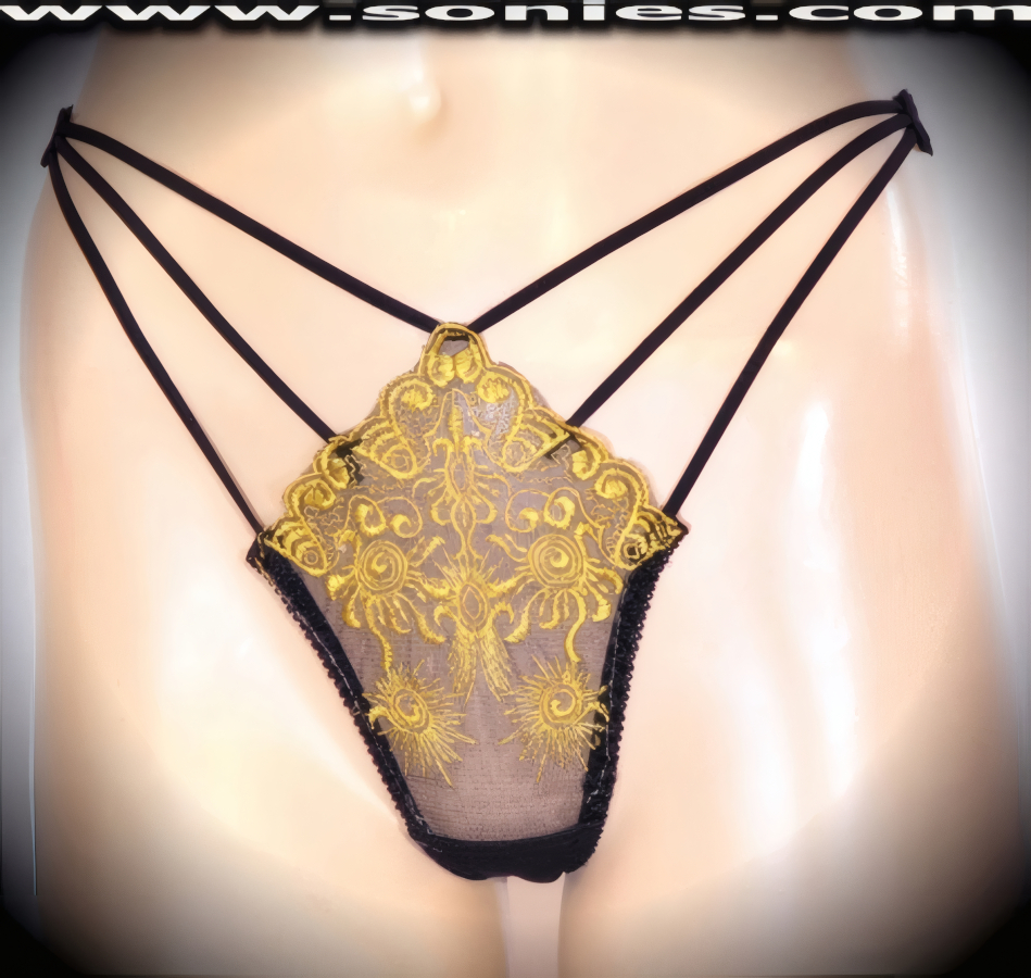 Bring a little intrigue unto the stage in this attractive adult entertainer's low-rise Namcha lusciously sheer fine mesh with exquisitely embroidered eye-captivating sun inspired yellow contrasting front detailing dance wear thong bottom. Irresistibly enticing panty features a triple elasticized strappy cutout front sides to create an impressive look, cotton lined crotch, and silky soft sheer mesh thong back finally to insure a comfortable fit (10% Lycra, 90% Nylon. Wash delicate and hang dry). It pairs beautifully with any number of risqu� tops. May be worn with stiletto heel shoes or boots to create a phenomenal look. This style is perfect for stage, bedroom performance, life style events, pride week, monthly play parties, fetish events, adult alternative lifestyle gatherings, bachelor parties and gentleman's clubs.   Style: LX2034A