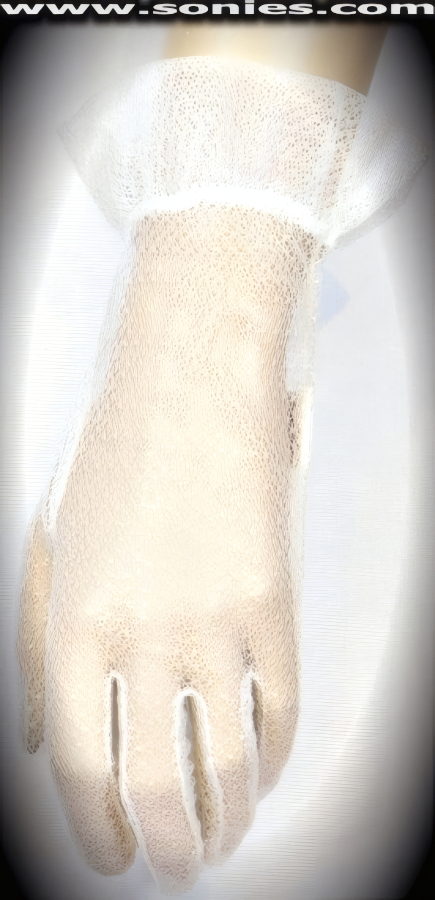 Sheer and provocative in these brilliant Luno wrist length lace with metallic yarn gloves and seamed cuff detail finish. Dainty lace gloves have a playful ambiance, much more so than formal opera length gloves. This style is perfect for formal, bridal, prom, d�butante and Opera Ball.   Style: MFG-72805C
