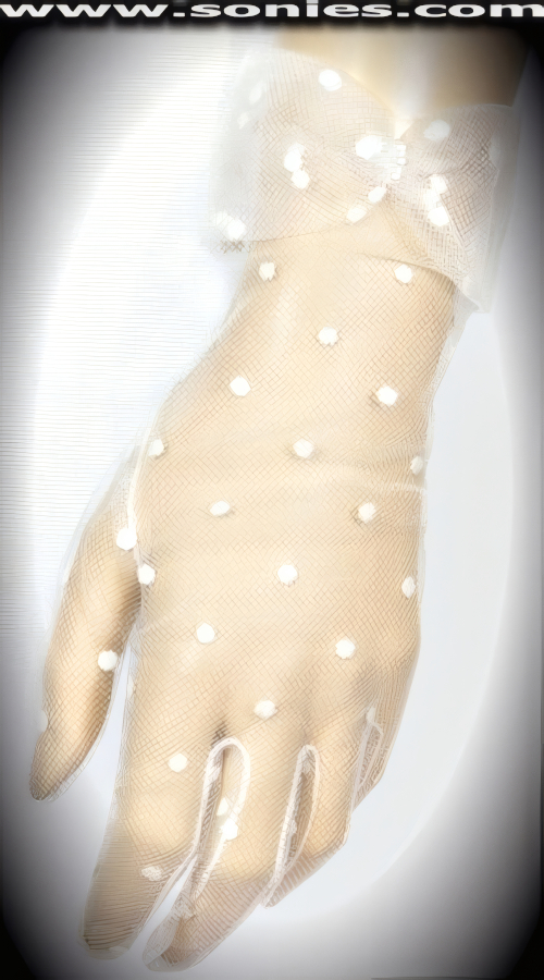 Serve him his fantasy in these Achaea sultry wrist length dotted stretch mesh gloves with pearl gathered cuff detail finish. Adds an elegant touch to your attire. Dainty mesh gloves have a playful ambiance, much more so than formal opera length gloves. This style is perfect for formal, bridal, prom, d�butante and Opera Ball.   Style: MFG-72807B