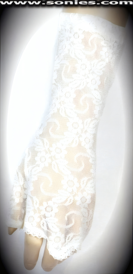 Seductive style for the midnight hour in these exquisite Gaia over the wrist length stretch lace fingerless gloves. Gorgeous floral lace gloves with no fingers and half thumb detail finish. Adds an elegant touch to your attire. Dainty lace fingerless gloves have a playful ambiance, much more so than formal opera length gloves. This style is perfect for formal, bridal, prom, d�butante and Opera Ball.   Style: MFG-72808