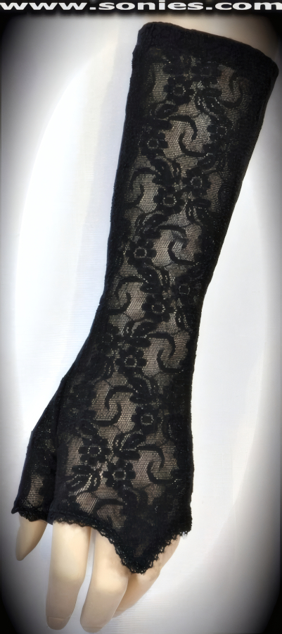 Seductive style for the midnight hour in these exquisite Gaia over the wrist length stretch lace fingerless gloves. Gorgeous floral lace gloves with no fingers and half thumb detail finish. Adds an elegant touch to your attire. Dainty lace fingerless gloves have a playful ambiance, much more so than formal opera length gloves. This style is perfect for formal, bridal, prom, d�butante and Opera Ball.   Style: MFG-72808A