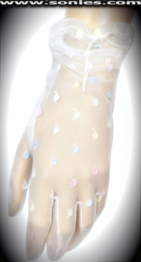 Sensual elegance in these exquisite Pales wrist length stretch mesh gloves with colorful embroidered dots and gather at cuff detail finish. Adds an elegant touch to your attire. Dainty mesh gloves have a playful ambiance, much more so than formal opera length gloves. This style is perfect for formal, bridal, prom, d�butante and Opera Ball.   Style: MFG-72811
