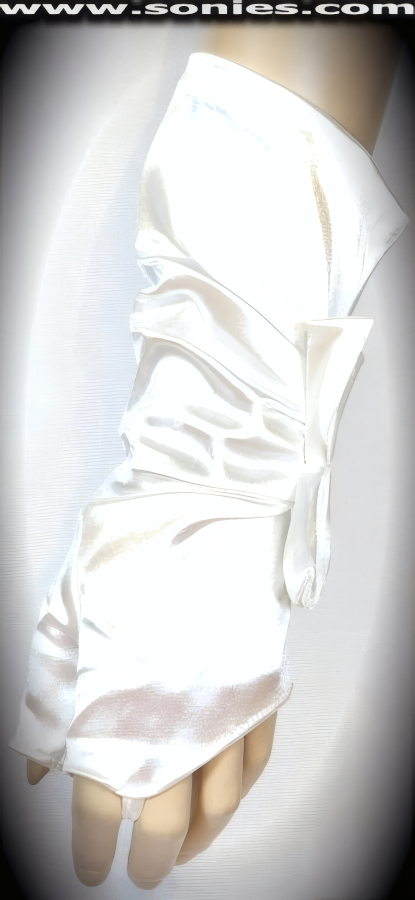Glamorous above the wrist length Venus satin Lycra fingerless gloves with gather at cuff and large satin bow detail finish. Gorgeous satin gloves with no fingers and half thumb finally. It pairs beautifully with any number of vestures. This style is perfect for formal, bridal, prom, d�butante and Opera Ball.   Style: MFG-72817A