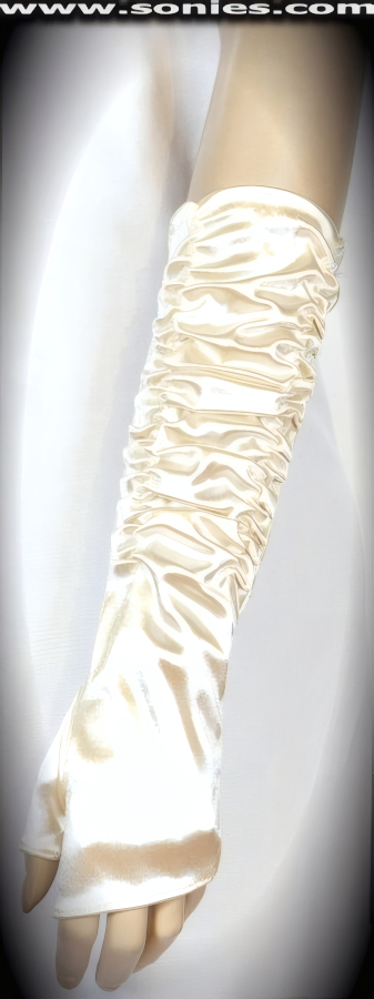 Sensational, seductive and oh-so sexy in these Pomona glamorous below the elbow length fingerless satin Lycra gloves with side gather detail finish. Gorgeous gloves with no fingers and half thumb finally (15% Lycra, 85% Nylon). It pairs beautifully with any number of vestures. This style is perfect for formal, bridal, prom, d�butante and Opera Ball.   Style: MFG-72819