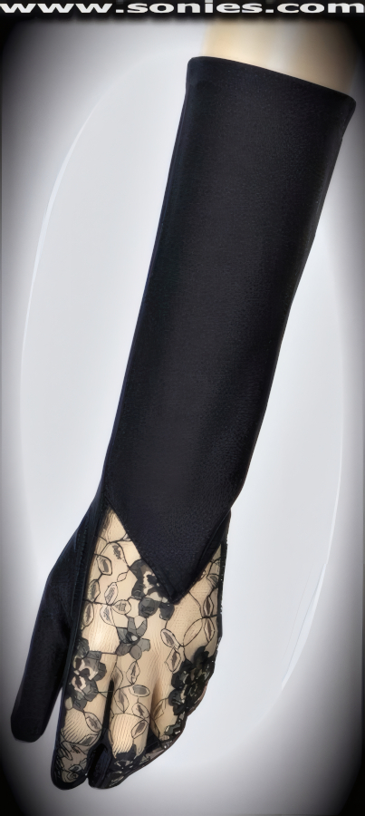 This heart breaking style plays up your flirtatious side. Beautifully engineered Bona Dea below the elbow length satin Lycra with floral lace contrasting gloves (15% Lycra, 85% Nylon exclusive of trim. Hand wash cold and drip dry, no bleach). It pairs beautifully with any number of vestures. This style is perfect for formal, bridal, prom, d�butante, Opera Ball, plus for professional entertainers such as can-can dancers and burlesque performers (particularly to perform a gown-and-glove dance).   Style: MFG-72820
