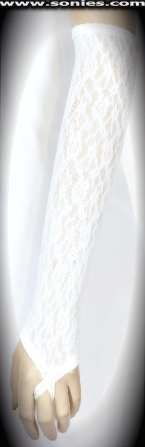 Tickle your fancy wearing these fabulously sexy Bellona elbow length stretch lace fingerless gloves. Designed with a soft elasticized loop that fits over the middle finger. It pairs beautifully with any number of vestures. This style is perfect for formal, bridal, prom, d�butante, Opera Ball, plus for professional entertainers such as can-can dancers and burlesque performers (particularly to perform a gown-and-glove dance).   Style: MFG-72822