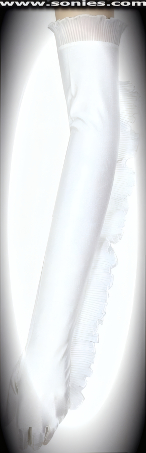 You'll cause a commotion in these magnificently crafted Neblina glamor opera length stretch satin Lycra gloves with alluring side to top gathered mesh detail finish (15% Lycra, 85% Nylon). It pairs beautifully with any number of vestures. This style is perfect for formal, bridal, prom, d�butante, Opera Ball, plus for professional entertainers such as can-can dancers and burlesque performers (particularly to perform a gown-and-glove dance).   Style: MFG-72827