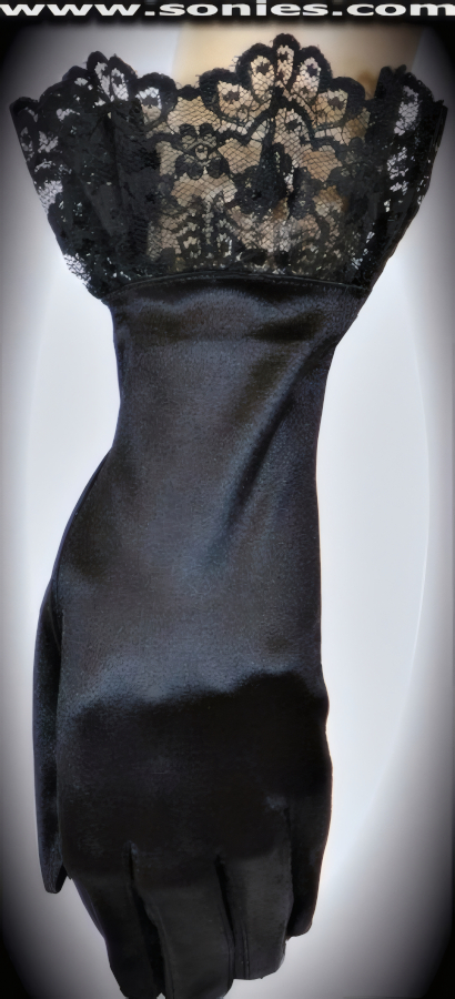 Sinfully opulent in these luxuriously crafted Tyche wrist length satin Lycra gloves with ruffled lace cuff detail finish (15% Lycra, 85% Nylon exclusive of trim. Hand wash cold and drip dry, no bleach). It pairs beautifully with any number of vestures. This style is perfect for formal, bridal, prom, d�butante and Opera Ball.   Style: MFG-72829