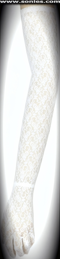 Unforgettable, that's what you are in these fabulously sexy Huayna stretch floral lace opera length gloves with wrist seam detail finish (100% Nylon). It pairs beautifully with any number of vestures. This style is perfect for formal, bridal, prom, d�butante, Opera Ball, plus for professional entertainers such as can-can dancers and burlesque performers (particularly to perform a gown-and-glove dance).   Style: MFG-72831A