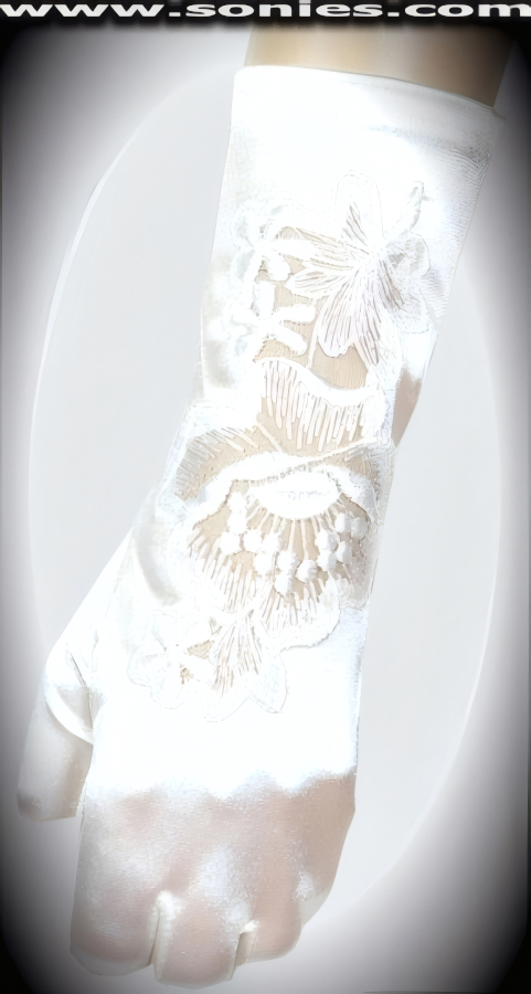 Feel like a Starlet in these superbly crafted over the wrist length satin Lycra gloves with lavishly revealing floral embroidered detail finish (15% Lycra, 85% Nylon). It pairs beautifully with any number of vestures. This style is perfect for formal, bridal, prom, d�butante and Opera Ball.   Style: MFG-72836