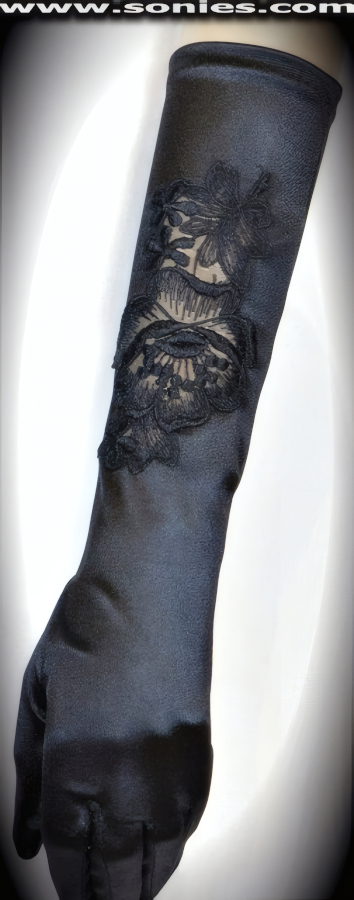 Feel like a Starlet in these superbly crafted over the wrist length satin Lycra gloves with lavishly revealing floral embroidered detail finish (15% Lycra, 85% Nylon). It pairs beautifully with any number of vestures. This style is perfect for formal, bridal, prom, d�butante and Opera Ball.   Style: MFG-72836A