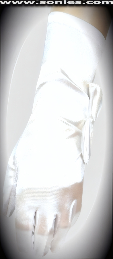 Tickle your fancy in these superbly crafted Chtonian wrist length satin Lycra gloves with gathered side and large satin bow on cuff detail finish (15% Lycra, 85% Nylon). It pairs beautifully with any number of vestures. This style is perfect for formal, bridal, prom, d�butante and Opera Ball.   Style: MFG-72840