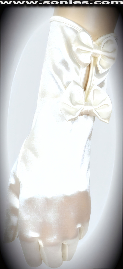 Spectacularly elegant in these superbly crafted Artemis over the wrist length satin Lycra gloves with dual satin bow cuff detail finish (15% Lycra, 85% Nylon exclusive of trim. Hand wash cold and drip dry, no bleach). It pairs beautifully with any number of vestures. This style is perfect for formal, bridal, prom, d�butante and Opera Ball.   Style: MFG-72841