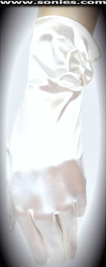 Show you're intrepid in these breathtaking Erinyes wrist length satin Lycra gloves with gathered side and small satin bow on cuff detail finish (15% Lycra, 85% Nylon). It pairs beautifully with any number of vestures. This style is perfect for formal, bridal, prom, d�butante and Opera Ball.   Style: MFG-72843