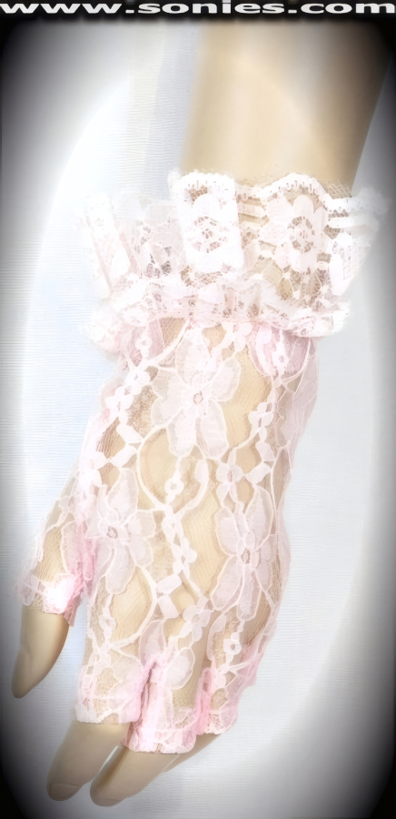 Breathtaking wrist length floral lace gloves with ruffled cuff detail finish. Gorgeous floral lace pattern with half fingers design. It pairs beautifully with any number of vestures. This style is perfect for formal, bridal, prom, d�butante and Opera Ball.   Style: MFG-72844