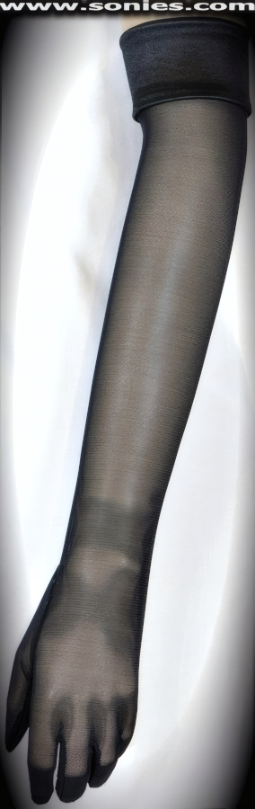 You�ll be a risk taker in these Rio de Janeiro provocative over-the-elbow length soft stretch mesh and shiny satin Lycra fold over top band gloves (15% Lycra, 85% Nylon). It pairs beautifully with any number of vestures. This style is perfect for formal, bridal, prom, d�butante, Opera Ball, plus for professional entertainers such as can-can dancers and burlesque performers (particularly to perform a gown-and-glove dance).   Style: MG-9023