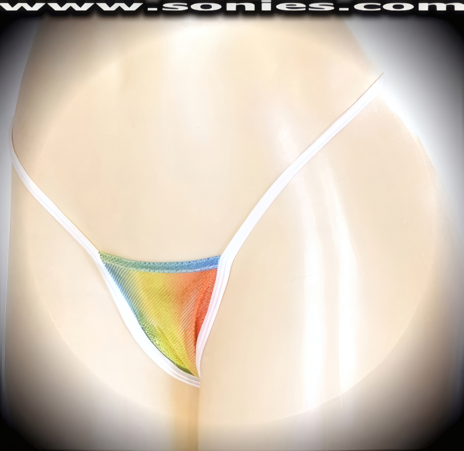 Uniquely standout in this Ama center stage micro dance wear bottom with rainbow glitter stretch hologram and white contrasting Lycra to ensure a great fit. Crafted with a lined crotch and thong back detail finish (15% Lycra, 85% Nylon exclusive of trim. Hand wash cold and drip dry, no bleach). It pairs beautifully with any number of risqu� tops. May be worn with stiletto heel shoes or boots to create a phenomenal look. This style is perfect for stage, bedroom performance, life style events, pride week, monthly play parties, fetish events, adult alternative lifestyle gatherings, bachelor parties, club wear, nightclubs, dance clubs and gentleman's clubs.   Style: MTHONG