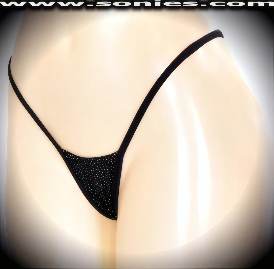 A sexy and remarkably crafted Ainianos stretch glitter hologram slinky Lycra center stage micro dance wear bottom with lined crotch and thong back detail finish (15% Lycra, 85% Nylon exclusive of trim. Hand wash cold and drip dry, no bleach). It pairs beautifully with any number of risqu� tops. May be worn with stiletto heel shoes or boots to create a phenomenal look. This style is perfect for stage, bedroom performance, life style events, pride week, monthly play parties, fetish events, adult alternative lifestyle gatherings, bachelor parties, club wear, nightclubs, dance clubs and gentleman's clubs.   Style: MTHONG06