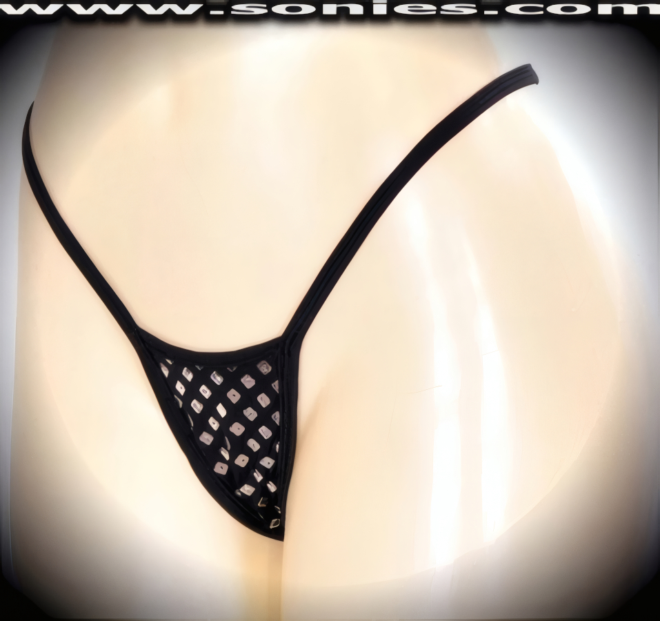 Incomparable Alakija silver armor stretch Lycra center stage micro dance wear bottom with lined crotch and thong back detail finish (15% Lycra, 85% Nylon exclusive of trim. Hand wash cold and drip dry, no bleach). It pairs beautifully with any number of risqu� tops. May be worn with stiletto heel shoes or boots to create a phenomenal look. This style is perfect for stage, bedroom performance, life style events, pride week, monthly play parties, fetish events, adult alternative lifestyle gatherings, bachelor parties, club wear, nightclubs, dance clubs and gentleman's clubs.   Style: MTHONG22