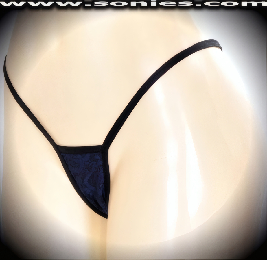 Beyond compare in this Caroline stretch navy floral lace center stage micro dance wear bottom with lined crotch and thong back detail finish (15% Lycra, 85% Nylon exclusive of trim. Hand wash cold and drip dry, no bleach). It pairs beautifully with any number of risqu� tops. May be worn with stiletto heel shoes or boots to create a phenomenal look. This style is perfect for stage, bedroom performance, life style events, pride week, monthly play parties, fetish events, adult alternative lifestyle gatherings, bachelor parties, club wear, nightclubs, dance clubs and gentleman's clubs.   Style: MTHONG42