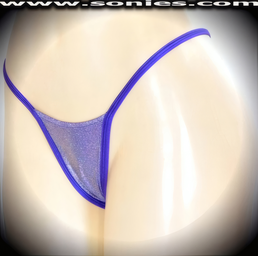 Bring on the night in this magnificent Rumi�ahui stretch glimmer ice purple hologram Lycra center stage micro dance wear bottom with lined crotch and thong back detail finish (15% Lycra, 85% Nylon exclusive of trim. Hand wash cold and drip dry, no bleach). It pairs beautifully with any number of risqu� tops. May be worn with stiletto heel shoes or boots to create a phenomenal look. This style is perfect for stage, bedroom performance, life style events, pride week, monthly play parties, fetish events, adult alternative lifestyle gatherings, bachelor parties, club wear, nightclubs, dance clubs and gentleman's clubs.   Style: MTHONG53