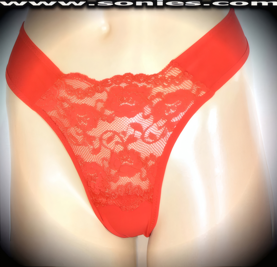 Seductive shows its glamorous side in this provocative adult entertainer's low-rise Cyclades lusciously sheer fine mesh with exquisitely embroidered floral front detailing dance wear thong bottom. Irresistibly enticing panty features elasticized edging, lined crotch, and opaque stretch Lycra thong back finally to insure a comfortable fit (10% Lycra, 90% Nylon. Wash delicate and hang dry). It pairs beautifully with any number of risqu� tops. May be worn with stiletto heel shoes or boots to create a phenomenal look. This style is perfect for stage, bedroom performance, life style events, pride week, monthly play parties, fetish events, adult alternative lifestyle gatherings, bachelor parties and gentleman's clubs.   Style: PS033