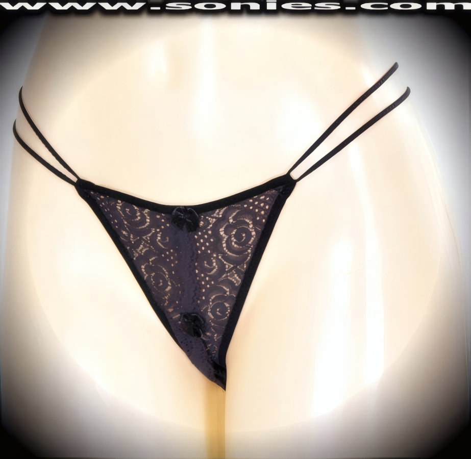 Tempt your audience in this exquisitely designed Almach tantalizingly see-through scalloped stretch floral lace low-rise Lycra crotchless dance wear thong bottom. Irresistibly enticing panty features double elasticized strappy sides to insure a great fit, convenience open crotch with thong back, plus satin bow appliqu� front detail finish (10% Lycra, 90% Nylon. Wash delicate and hang dry). It pairs beautifully with any number of risqu� tops. May be worn with stiletto heel shoes or boots to create a phenomenal look. This style is perfect for stage, bedroom performance, life style events, pride week, monthly play parties, fetish events, adult alternative lifestyle gatherings, bachelor parties and gentleman's clubs.   Style: PS2002A