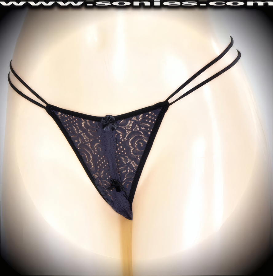 Tempt your audience in this exquisitely designed Almach tantalizingly see-through scalloped stretch floral lace low-rise Lycra crotchless dance wear thong bottom. Irresistibly enticing panty features double elasticized strappy sides to insure a great fit, convenience open crotch with thong back, plus satin bow appliqu� front detail finish (10% Lycra, 90% Nylon. Wash delicate and hang dry). It pairs beautifully with any number of risqu� tops. May be worn with stiletto heel shoes or boots to create a phenomenal look. This style is perfect for stage, bedroom performance, life style events, pride week, monthly play parties, fetish events, adult alternative lifestyle gatherings, bachelor parties and gentleman's clubs.   Style: PS2002B