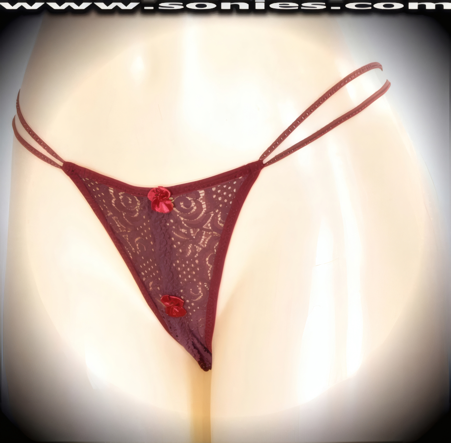 Tempt your audience in this exquisitely designed Almach tantalizingly see-through scalloped stretch floral lace low-rise Lycra crotchless dance wear thong bottom. Irresistibly enticing panty features double elasticized strappy sides to insure a great fit, convenience open crotch with thong back, plus satin bow appliqu� front detail finish (10% Lycra, 90% Nylon. Wash delicate and hang dry). It pairs beautifully with any number of risqu� tops. May be worn with stiletto heel shoes or boots to create a phenomenal look. This style is perfect for stage, bedroom performance, life style events, pride week, monthly play parties, fetish events, adult alternative lifestyle gatherings, bachelor parties and gentleman's clubs.   Style: PS2002H
