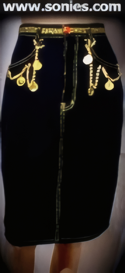 Be seen in this stylish and well-shaped Guarionex cotton denim skirt. Rugged denim shows its feminine side with gold metal coins and chain front accent, plus has an exquisite ribbon waist detailing for extra-added panache. Crafted with rear pockets and contrasting top-stitching to create an impressive look, a subtle metal zipper fly, plus eye-captivating slit centre back hem finally (100% Cotton. Hand wash cold and hang to dry. Do not bleach). It pairs beautifully with any number of risqu� tops. May be worn with stiletto heel shoes or boots to create a phenomenal look. This style is perfect for stage, life style events, pride week, monthly play parties, fetish events, adult alternative lifestyle gatherings, bachelor parties, club wear, nightclubs, dance clubs, and gentleman's clubs.   STYLE: SC-13F