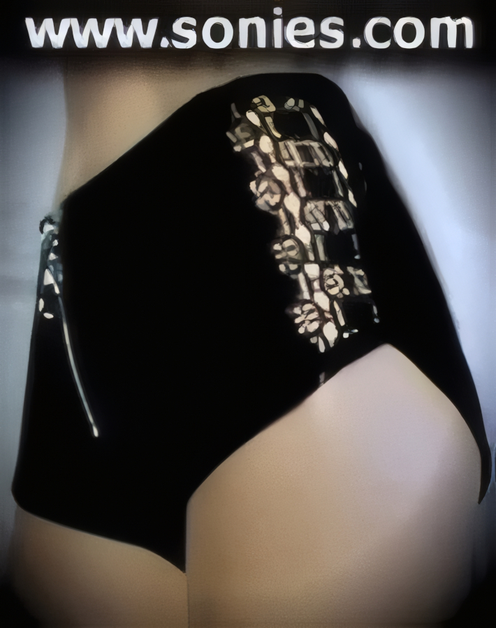 Tantalizing Stretch Velvet Cheeky Hot Pant with Sheer Lace Front Sides and Biker Zip-Up Closure.   STYLE: SC-14AQ