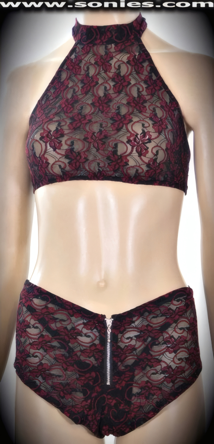 Fabulously delightful and ooh so sheer in this porn star stretch floral mesh three piece set. Halter style crop top with Velcro neck close plus rear clasp closure detail finish for off and on ease. Complementing curve hugging pull-on cheeky hot pants with front aluminum metal zipper detailing that zips undone with metal ball tip puller and matching lined thong back panty (12% Lycra, 88% Nylon). It pairs beautifully with any number of risqu� gloves. May be worn with stiletto heel shoes or boots to create a phenomenal look. This style is perfect for stage, life style events, pride week, monthly play parties, fetish events, adult alternative lifestyle gatherings, bachelor parties, club wear, nightclubs, dance clubs and gentleman's clubs.   Style: SC-16B