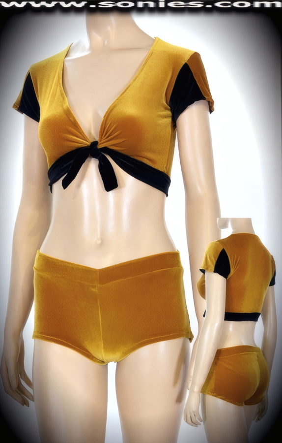 Wickedly hot in this fabulous Aetna stretch velvet two piece set. Exquisite halter style crop top with skin baring neckline, plus tie front closure for off and on ease plus to ensure a great fit. Complete with matching curve hugging V-Front pull-on hot pants (12% Lycra, 88% Nylon). It pairs beautifully with any number of risqu� gloves. May be worn with stiletto heel shoes or boots to create a phenomenal look. This style is perfect for stage, life style events, pride week, monthly play parties, fetish events, adult alternative lifestyle gatherings, bachelor parties, club wear, nightclubs, dance clubs and gentleman's clubs.   STYLE: SC-16F
