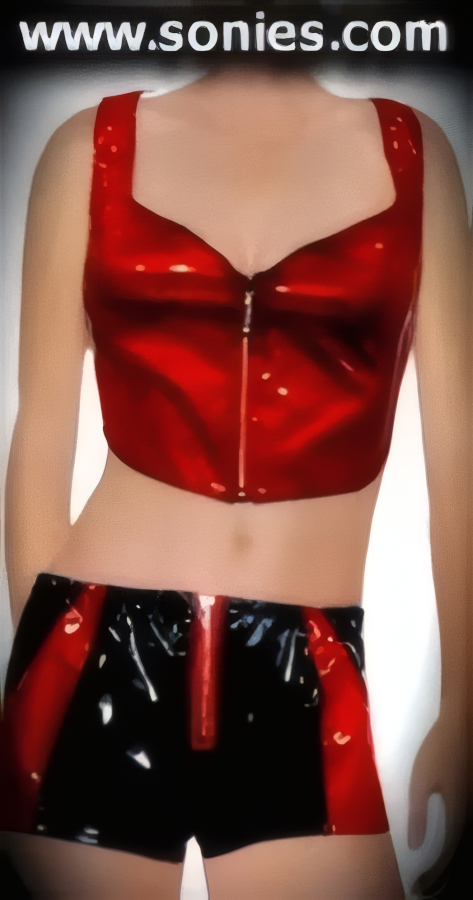 Burn his desire in this Rebel Babe patent leather (PVC) two piece set. Simply scrumptious conforming fit crop top with tantalizing front open-ended aluminum metal zipper closure for off and on ease detail finish. Contour seaming enhances its conforming shape. Complete with matching exuberant two tone patent leather (PVC) pull-on hot pants, plus tantalizing front aluminum metal zipper detailing with metal O-ring puller finally for added peek-a-boo teasing effect. It pairs beautifully with any number of risqu� gloves. May be worn with stiletto heel shoes or boots to create a phenomenal look. This style is perfect for stage, life style events, pride week, monthly play parties, fetish events, adult alternative lifestyle gatherings, bachelor parties, club wear, nightclubs, dance clubs and gentleman's clubs.   Style: SC-16J