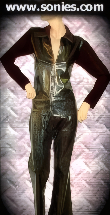 Dress To Impress In Our Patent Leather (PVC) and Lycra Two Piece Set. Contrasting Long Sleeved Top with Collar and Zip-Up Front. Matching Flared Pant with Matching Waist Belt.   Style: SC-SET-001